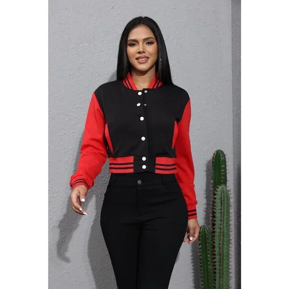 Women's Varsity Long Sleeve Button Down Bomber Jacket Streetwear Black Red - Picture 2 of 5